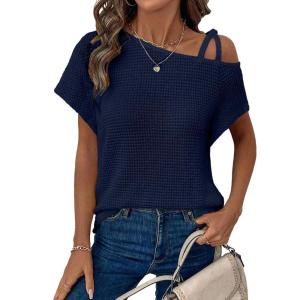 imageDokotoo Womens Summer Tops Off One Shoulder Waffle Knit Short Sleeve TShirts Casual Lightweight Solid Color BlousesNavy Blue