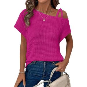 imageDokotoo Womens Summer Tops Off One Shoulder Waffle Knit Short Sleeve TShirts Casual Lightweight Solid Color BlousesRosy