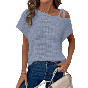 imageDokotoo Womens Summer Tops Off One Shoulder Waffle Knit Short Sleeve TShirts Casual Lightweight Solid Color BlousesSky Blue