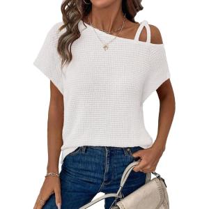 imageDokotoo Womens Summer Tops Off One Shoulder Waffle Knit Short Sleeve TShirts Casual Lightweight Solid Color BlousesWhite