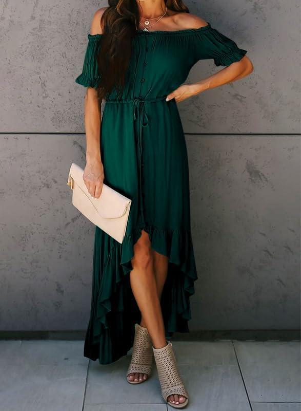 imageDokotoo Womens 2025 Off The Shoulder Casual Short Sleeve Maxi Dress High Low Solid Cocktail Skater DressesGreen2