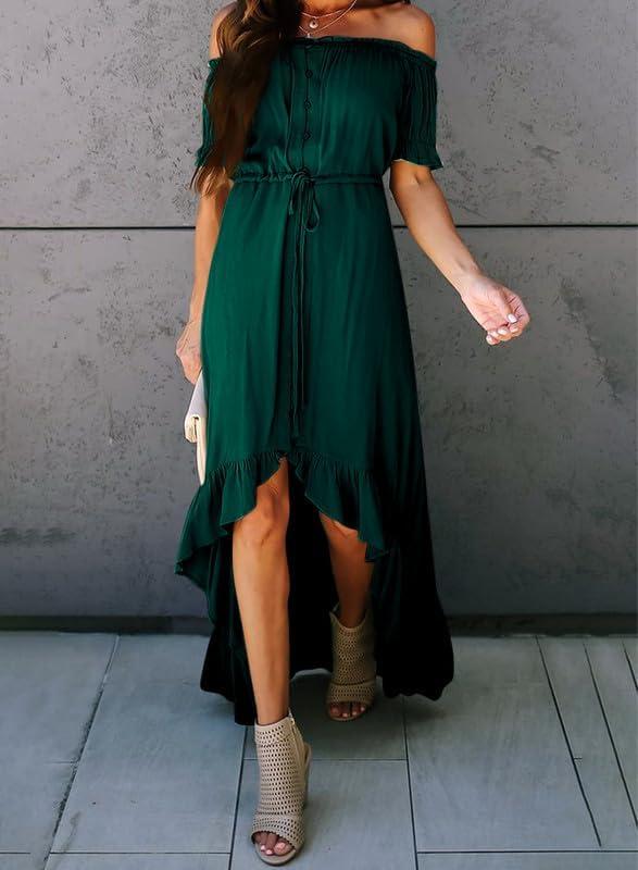 imageDokotoo Womens 2025 Off The Shoulder Casual Short Sleeve Maxi Dress High Low Solid Cocktail Skater DressesGreen2
