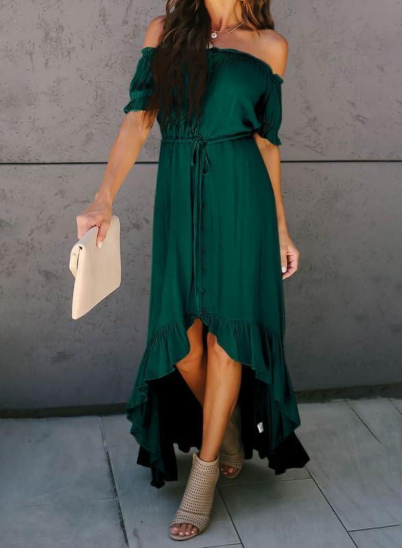 imageDokotoo Womens 2025 Off The Shoulder Casual Short Sleeve Maxi Dress High Low Solid Cocktail Skater DressesGreen2