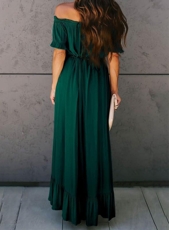 imageDokotoo Womens 2025 Off The Shoulder Casual Short Sleeve Maxi Dress High Low Solid Cocktail Skater DressesGreen2