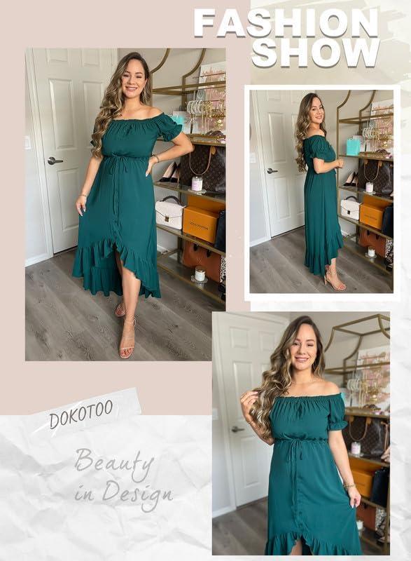 imageDokotoo Womens 2025 Off The Shoulder Casual Short Sleeve Maxi Dress High Low Solid Cocktail Skater DressesGreen2