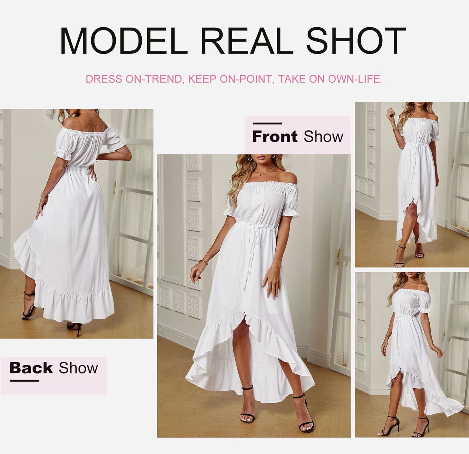 imageDokotoo Womens 2025 Off The Shoulder Casual Short Sleeve Maxi Dress High Low Solid Cocktail Skater DressesWhite