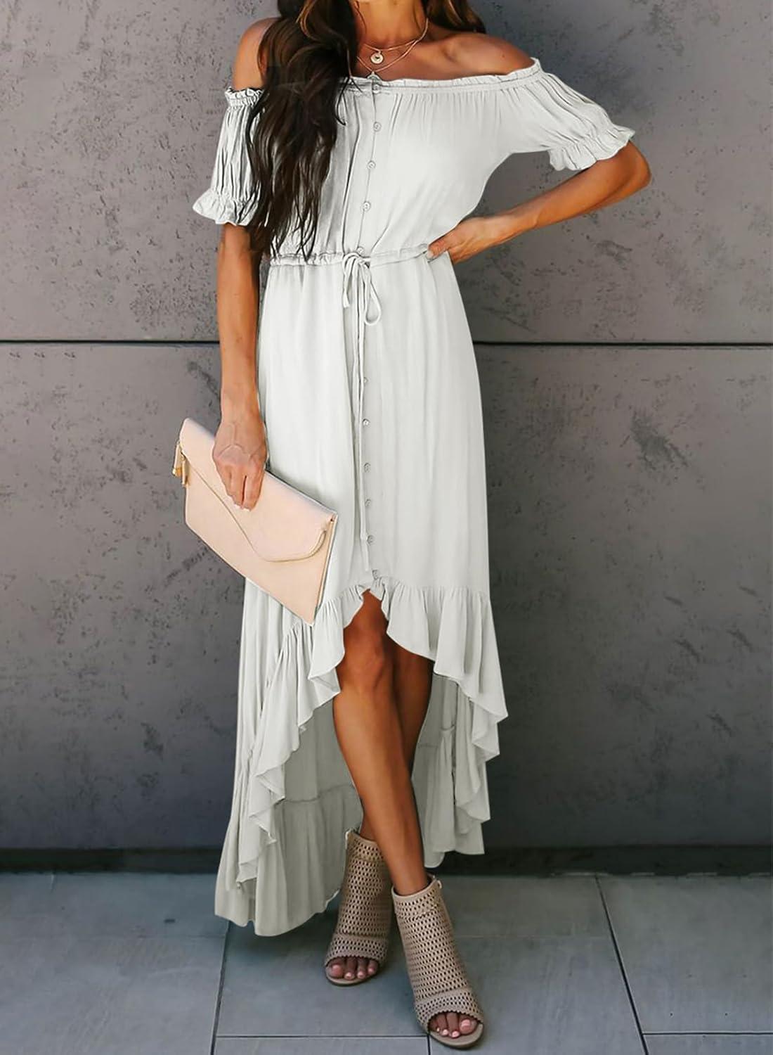 imageDokotoo Womens 2025 Off The Shoulder Casual Short Sleeve Maxi Dress High Low Solid Cocktail Skater DressesWhite