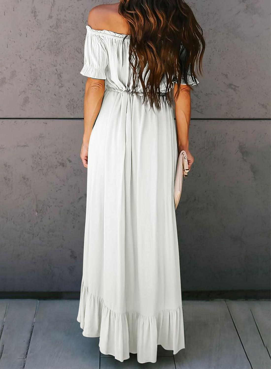 imageDokotoo Womens 2025 Off The Shoulder Casual Short Sleeve Maxi Dress High Low Solid Cocktail Skater DressesWhite