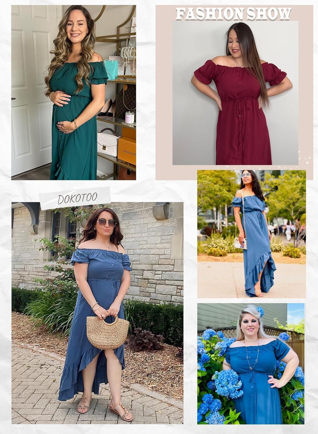 imageDokotoo Womens 2025 Off The Shoulder Casual Short Sleeve Maxi Dress High Low Solid Cocktail Skater DressesWhite