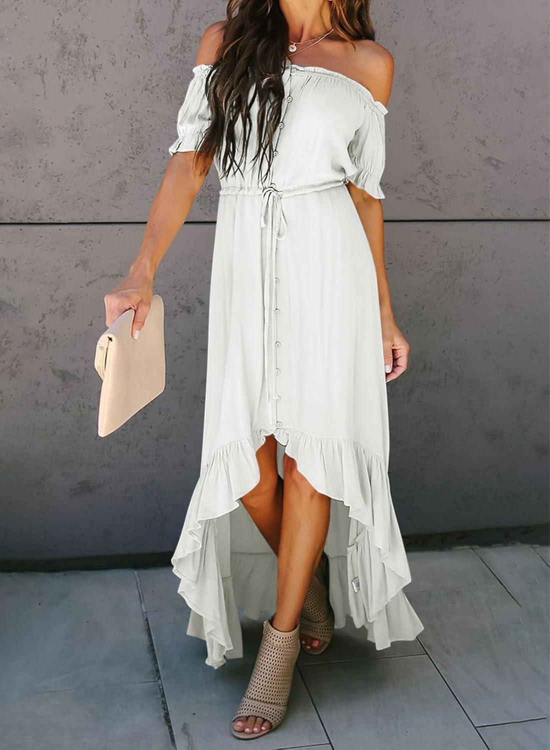 imageDokotoo Womens 2025 Off The Shoulder Casual Short Sleeve Maxi Dress High Low Solid Cocktail Skater DressesWhite