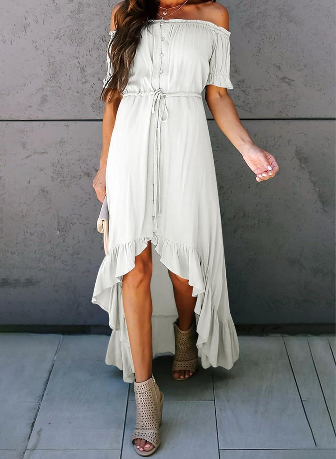 imageDokotoo Womens 2025 Off The Shoulder Casual Short Sleeve Maxi Dress High Low Solid Cocktail Skater DressesWhite