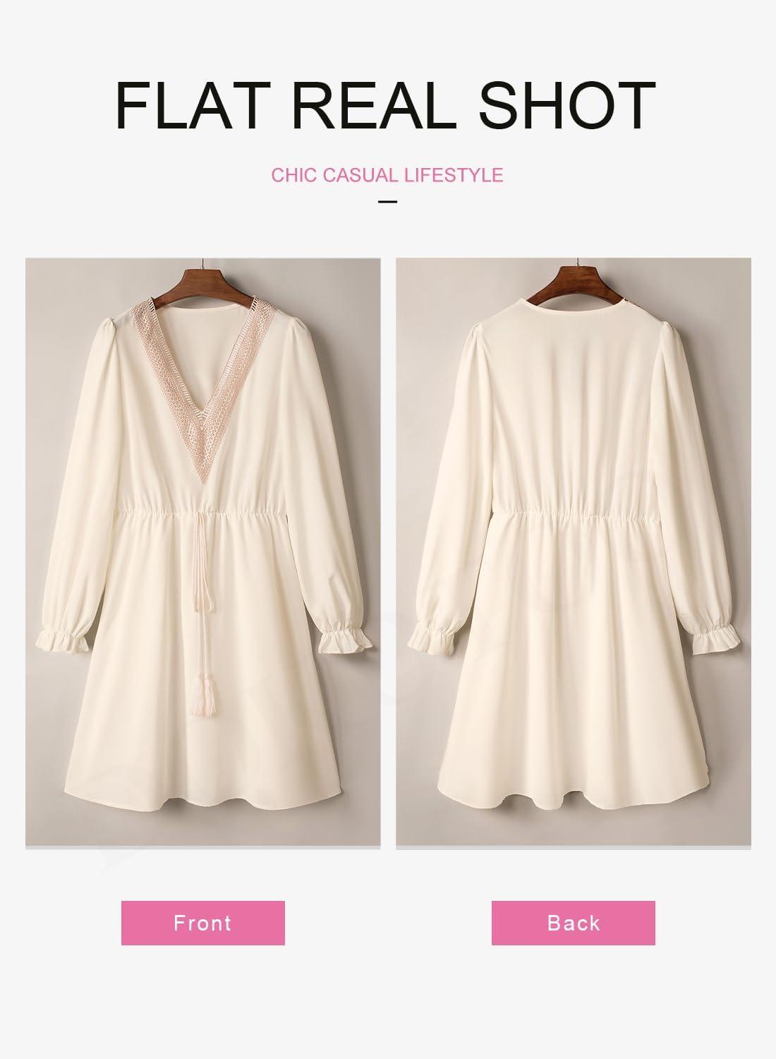 imageDokotoo Womens V Neck Dresses Lantern Long Sleeve Lace Trim Midi Dress Tassel Belt Shirt DressBeige