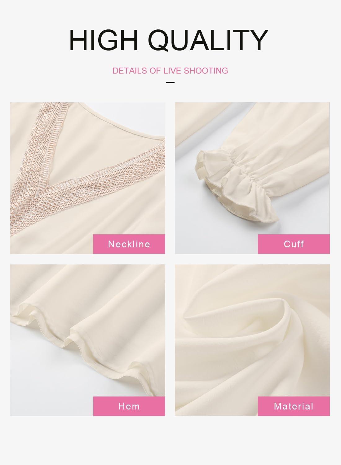 imageDokotoo Womens V Neck Dresses Lantern Long Sleeve Lace Trim Midi Dress Tassel Belt Shirt DressBeige