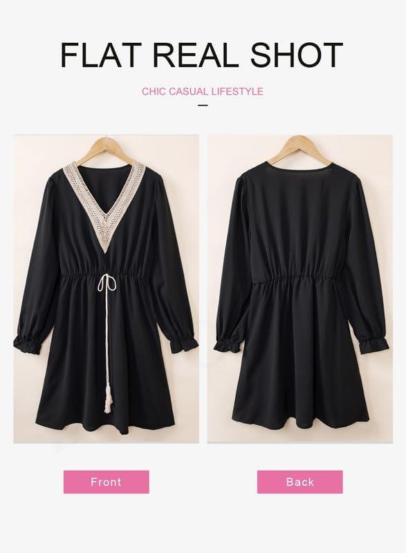 imageDokotoo Womens V Neck Dresses Lantern Long Sleeve Lace Trim Midi Dress Tassel Belt Shirt DressBlack