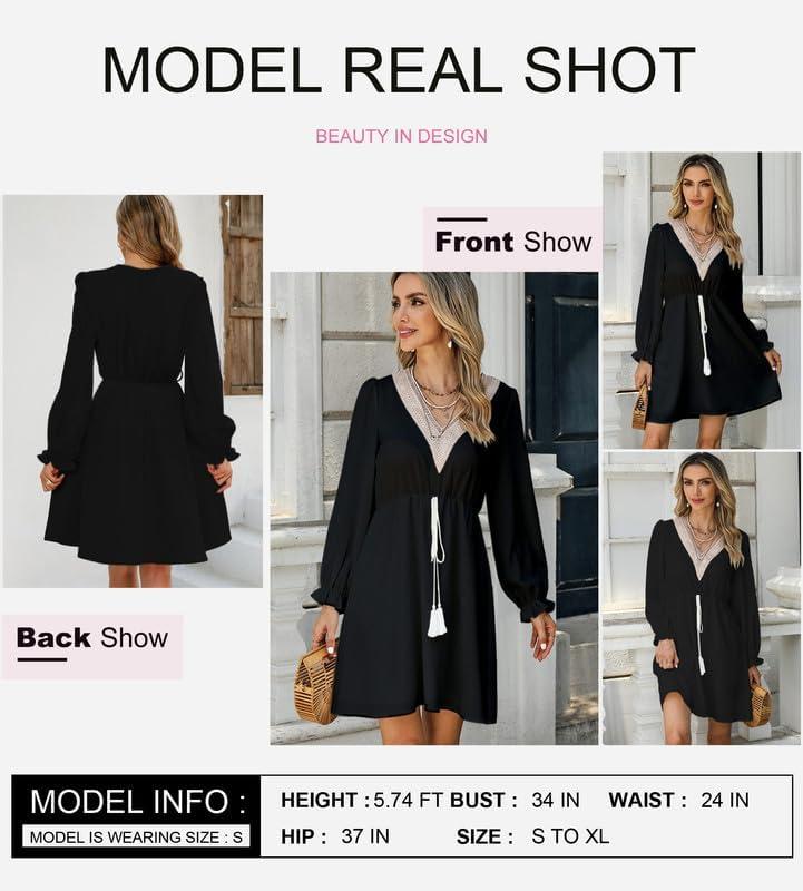 imageDokotoo Womens V Neck Dresses Lantern Long Sleeve Lace Trim Midi Dress Tassel Belt Shirt DressBlack