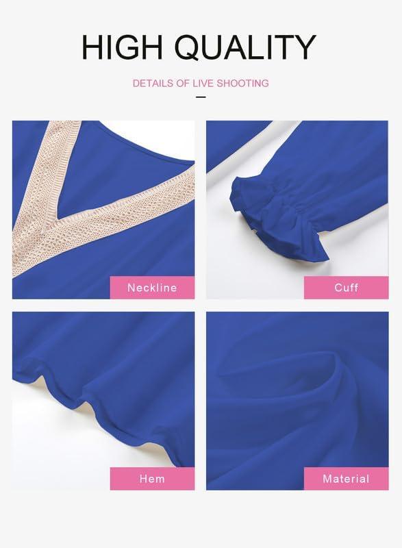 imageDokotoo Womens V Neck Dresses Lantern Long Sleeve Lace Trim Midi Dress Tassel Belt Shirt DressBlue