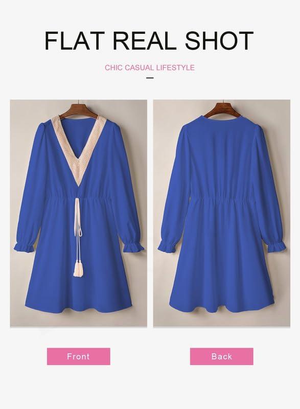 imageDokotoo Womens V Neck Dresses Lantern Long Sleeve Lace Trim Midi Dress Tassel Belt Shirt DressBlue