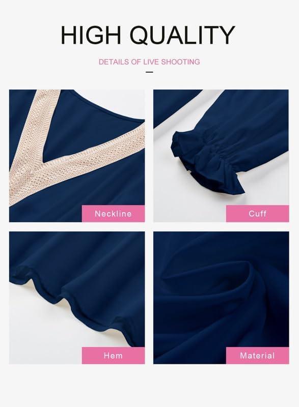 imageDokotoo Womens V Neck Dresses Lantern Long Sleeve Lace Trim Midi Dress Tassel Belt Shirt DressDark Blue