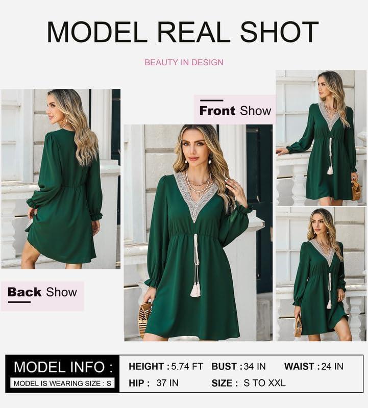 imageDokotoo Womens V Neck Dresses Lantern Long Sleeve Lace Trim Midi Dress Tassel Belt Shirt DressGreen