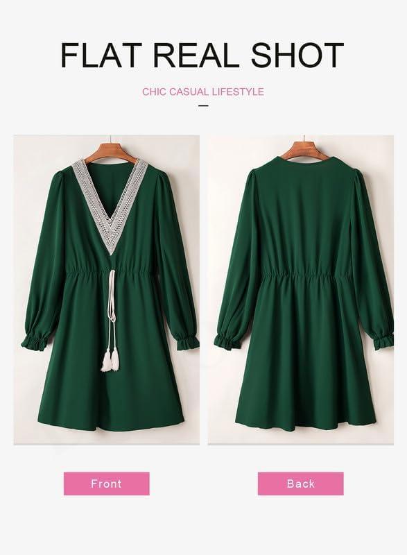 imageDokotoo Womens V Neck Dresses Lantern Long Sleeve Lace Trim Midi Dress Tassel Belt Shirt DressGreen