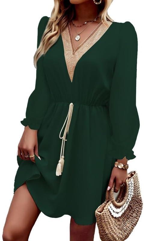 imageDokotoo Womens V Neck Dresses Lantern Long Sleeve Lace Trim Midi Dress Tassel Belt Shirt DressGreen