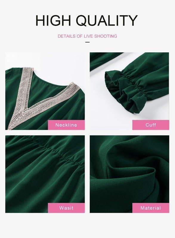 imageDokotoo Womens V Neck Dresses Lantern Long Sleeve Lace Trim Midi Dress Tassel Belt Shirt DressGreen
