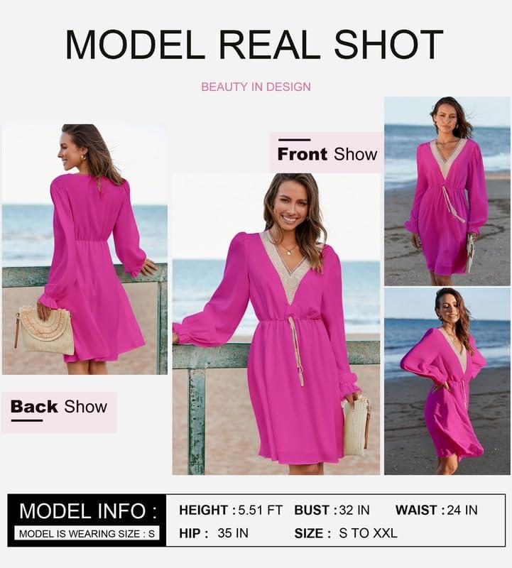 imageDokotoo Womens V Neck Dresses Lantern Long Sleeve Lace Trim Midi Dress Tassel Belt Shirt DressHot Pink