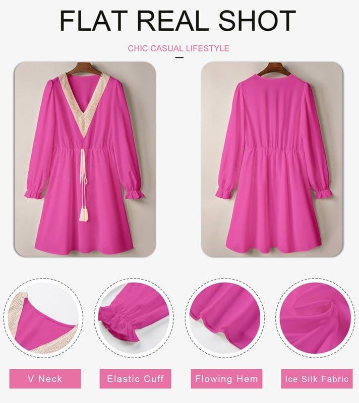 imageDokotoo Womens V Neck Dresses Lantern Long Sleeve Lace Trim Midi Dress Tassel Belt Shirt DressHot Pink