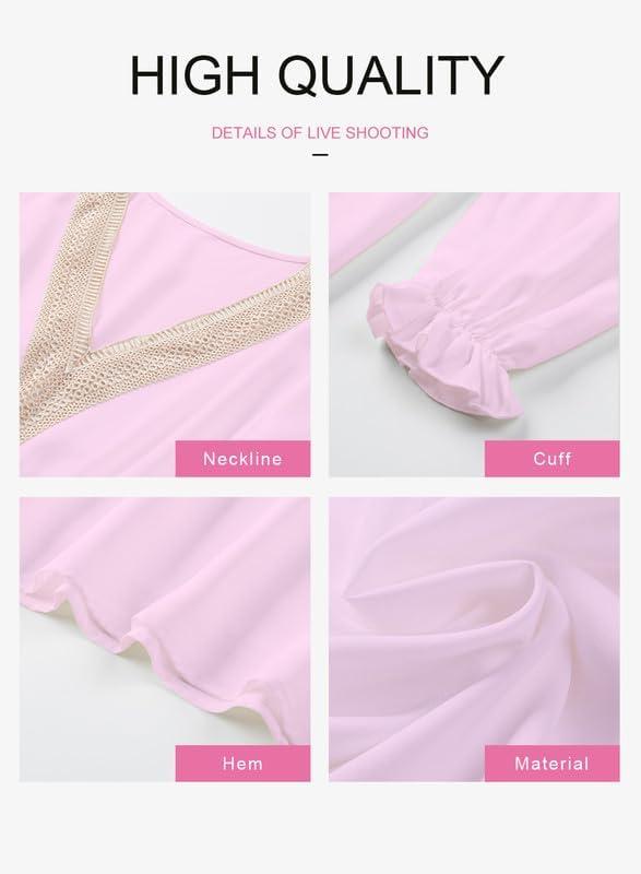 imageDokotoo Womens V Neck Dresses Lantern Long Sleeve Lace Trim Midi Dress Tassel Belt Shirt DressPink