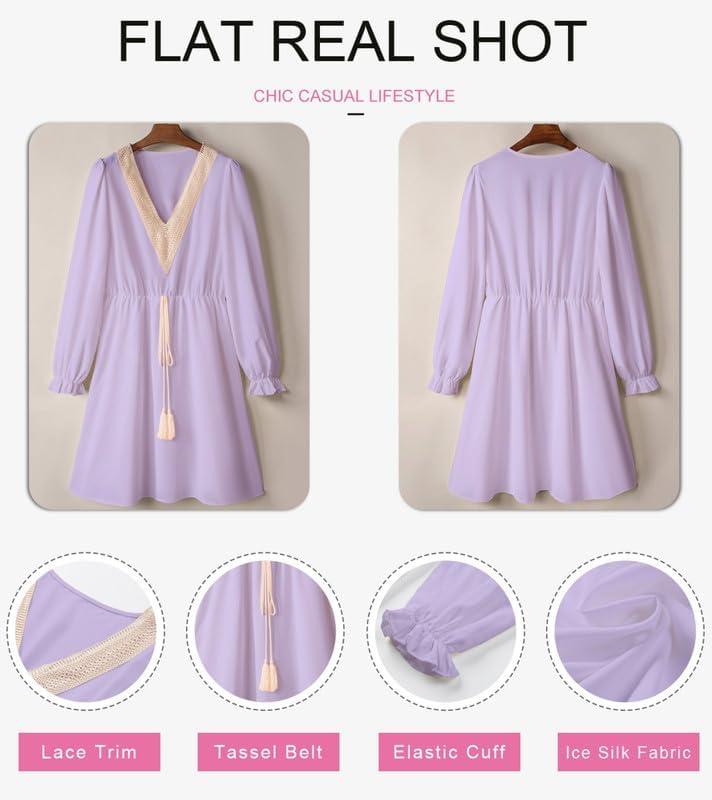 imageDokotoo Womens V Neck Dresses Lantern Long Sleeve Lace Trim Midi Dress Tassel Belt Shirt DressPurple