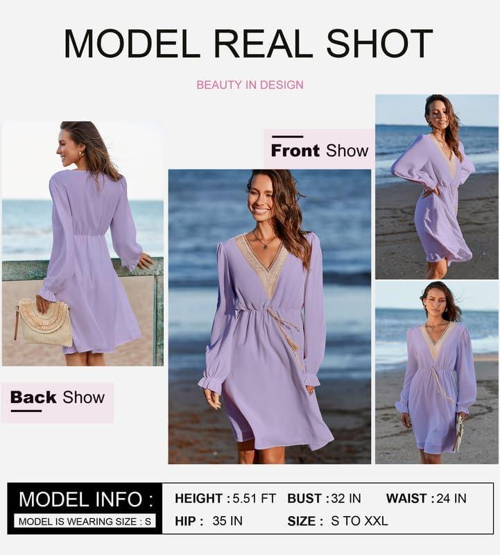 imageDokotoo Womens V Neck Dresses Lantern Long Sleeve Lace Trim Midi Dress Tassel Belt Shirt DressPurple