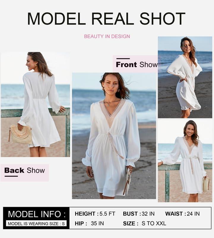 imageDokotoo Womens V Neck Dresses Lantern Long Sleeve Lace Trim Midi Dress Tassel Belt Shirt DressWhite