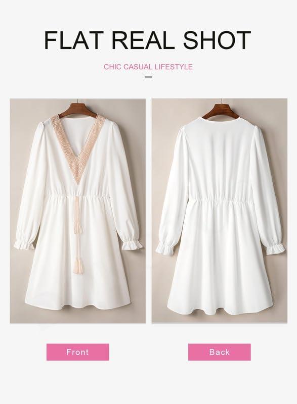 imageDokotoo Womens V Neck Dresses Lantern Long Sleeve Lace Trim Midi Dress Tassel Belt Shirt DressWhite