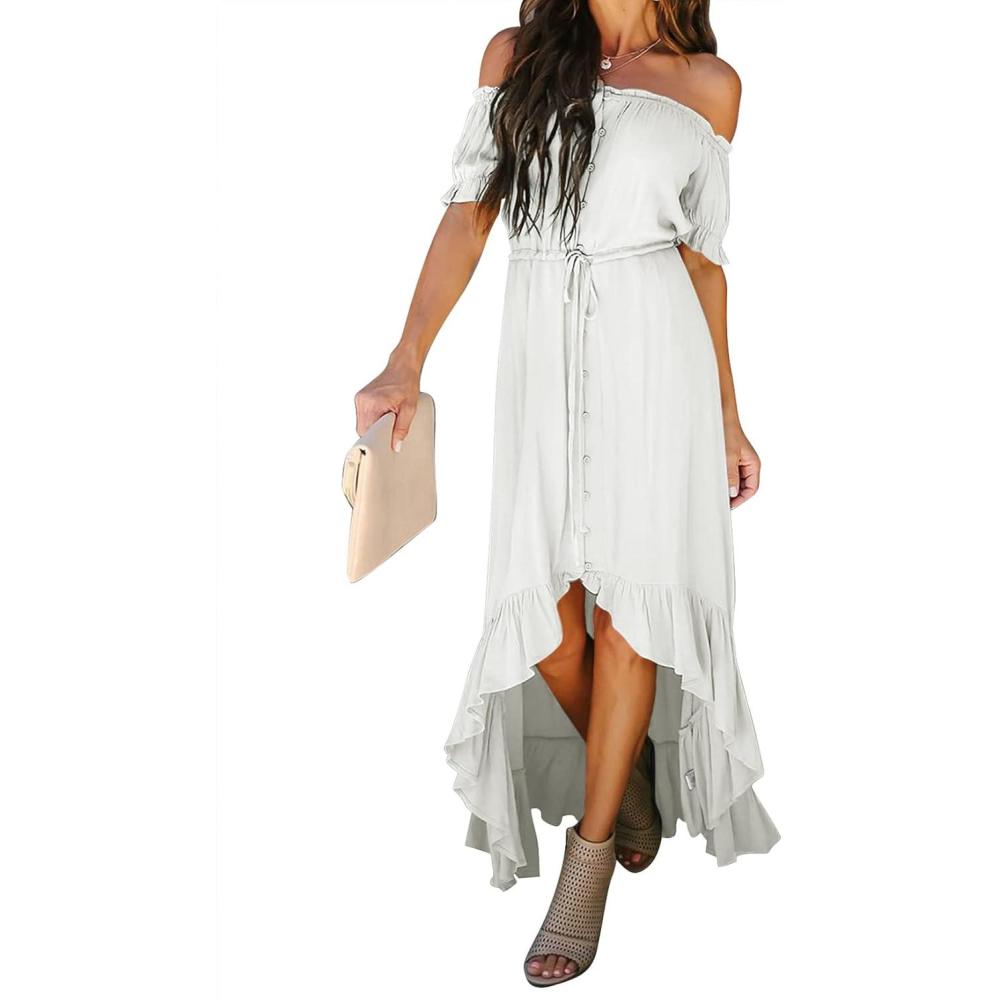 imageDokotoo Womens 2025 Off The Shoulder Casual Short Sleeve Maxi Dress High Low Solid Cocktail Skater DressesWhite