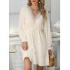 imageDokotoo Womens V Neck Dresses Lantern Long Sleeve Lace Trim Midi Dress Tassel Belt Shirt DressBeige