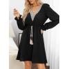 imageDokotoo Womens V Neck Dresses Lantern Long Sleeve Lace Trim Midi Dress Tassel Belt Shirt DressBlack