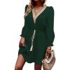 imageDokotoo Womens V Neck Dresses Lantern Long Sleeve Lace Trim Midi Dress Tassel Belt Shirt DressGreen