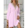imageDokotoo Womens V Neck Dresses Lantern Long Sleeve Lace Trim Midi Dress Tassel Belt Shirt DressPink