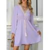 imageDokotoo Womens V Neck Dresses Lantern Long Sleeve Lace Trim Midi Dress Tassel Belt Shirt DressPurple