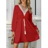 imageDokotoo Womens V Neck Dresses Lantern Long Sleeve Lace Trim Midi Dress Tassel Belt Shirt DressRed