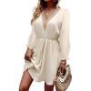 imageDokotoo Womens V Neck Dresses Lantern Long Sleeve Lace Trim Midi Dress Tassel Belt Shirt DressBeige
