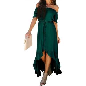 imageDokotoo Womens 2025 Off The Shoulder Casual Short Sleeve Maxi Dress High Low Solid Cocktail Skater DressesGreen2
