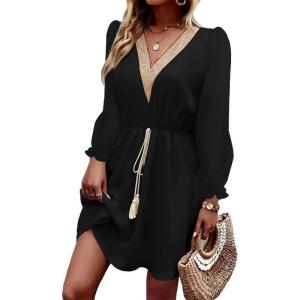 imageDokotoo Womens V Neck Dresses Lantern Long Sleeve Lace Trim Midi Dress Tassel Belt Shirt DressBlack