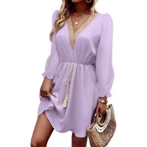imageDokotoo Womens V Neck Dresses Lantern Long Sleeve Lace Trim Midi Dress Tassel Belt Shirt DressPurple