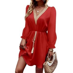 imageDokotoo Womens V Neck Dresses Lantern Long Sleeve Lace Trim Midi Dress Tassel Belt Shirt DressRed
