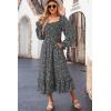 imageDokotoo Boho Dresses for Women 2025 Casual Floral Square Neck Long Sleeve Smocked Elastic Waist Tiered Ruffle Hem Maxi DressBlack