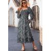 imageDokotoo Boho Dresses for Women 2025 Casual Floral Square Neck Long Sleeve Smocked Elastic Waist Tiered Ruffle Hem Maxi DressBlue
