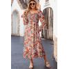 imageDokotoo Boho Dresses for Women 2025 Casual Floral Square Neck Long Sleeve Smocked Elastic Waist Tiered Ruffle Hem Maxi DressOrange