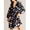 imageDokotoo Fall Dresses for Women 2025 Boho Floral V Neck Long Sleeve Smocked Elastic Waist Casual ALine Mini Dress SundressBlack