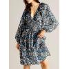 imageDokotoo Fall Dresses for Women 2025 Boho Floral V Neck Long Sleeve Smocked Elastic Waist Casual ALine Mini Dress SundressBlue